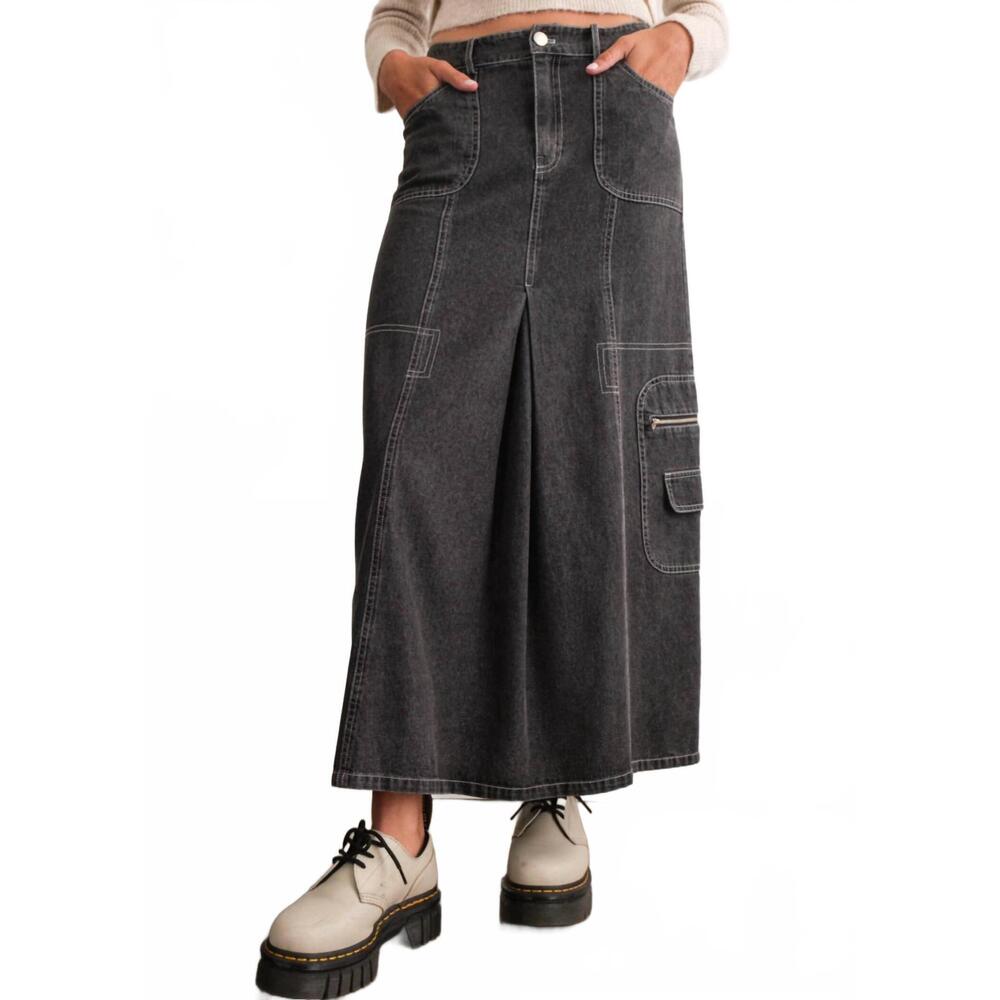 NEW PAPERMOON denim cargo contrast stitch maxi skirt in dark gray